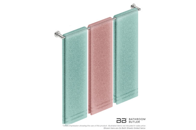 Single Towel Bar 800mm 8275 with artists impression of three double folded bath sheets - Bathroom Butler
