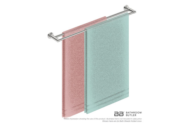 Double Towel Bar 800mm 8285 with artists impression of two single folded bath sheets - Bathroom Butler