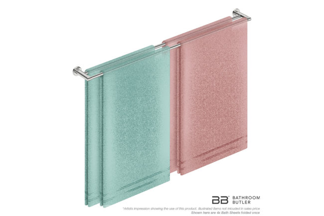 Double Towel Bar 1100mm 8288 with artists impression of four single folded bath sheets - Bathroom Butler