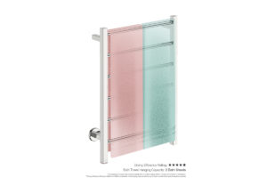 Contour 6 bar 530mm Heated Towel Rack with PTSelect Switch showing artists impression of two bath sheets folded twice on the short side - Bathroom Butler