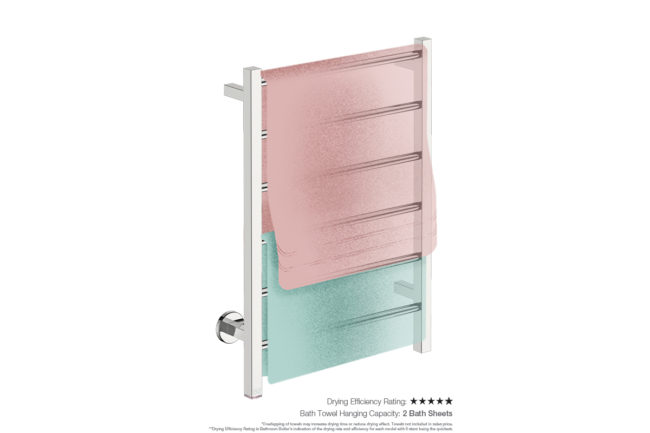 Contour 6 Bar 530mm Heated Towel Rack with PTSelect Switch showing artists impression of two bath sheets folded twice on the long side - Bathroom Butler