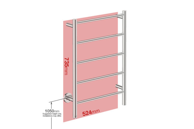 Foot print wall size for NATURAL 5 Bar 500mm Straight with PTSelect