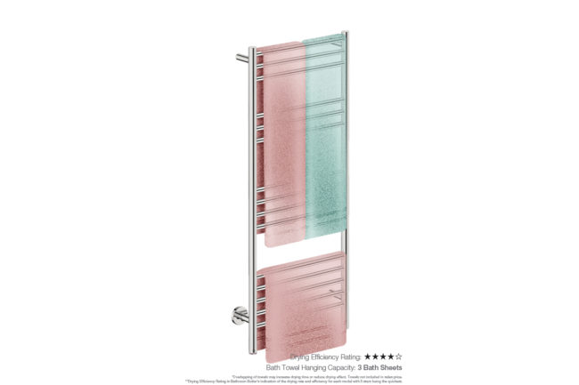 Natural 15 Bar 500mm Heated Towel Rack Straight with PTSelect Switch showing artists impression with three folded bath sheets - Bathroom Butler