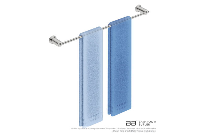 Single Towel Bar 650mm 5872 with artists impression of two double folded bath towels - Bathroom Butler