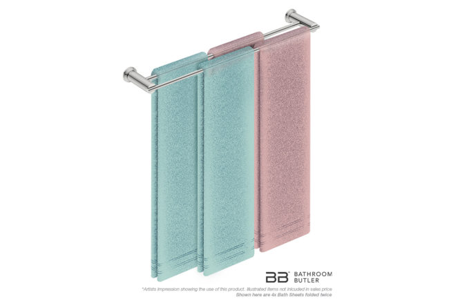 Double Towel Bar 650mm 5882 with artists impression of four double folded bath sheets - Bathroom Butler