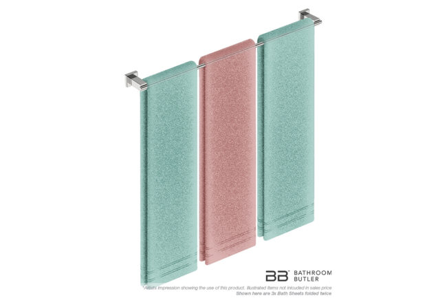 Single Towel Bar 800mm 8675 with artists impression of three double folded bath sheets - Bathroom Butler