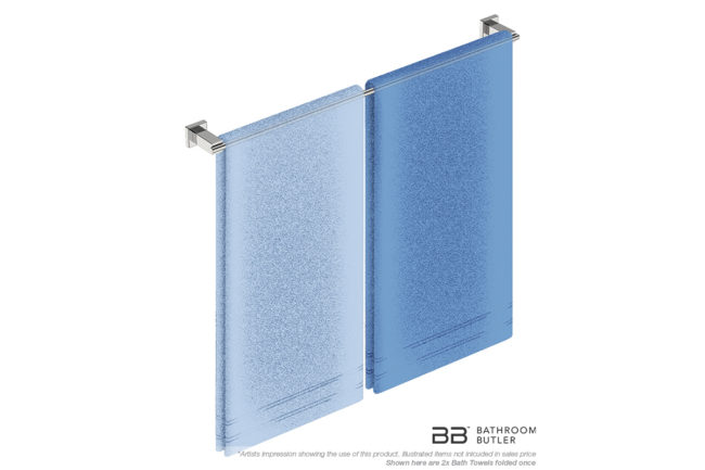 Single Towel Bar 800mm 8675 with artists impression of two single folded bath towels - Bathroom Butler