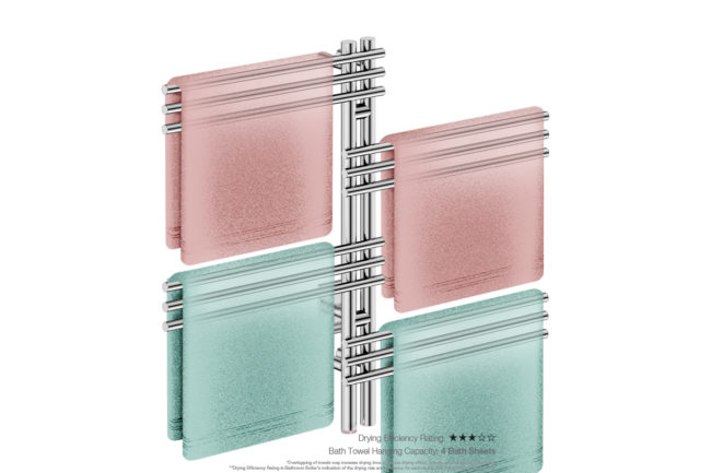Loft Duo 12 Bar 39inch Heated Towel Rack with PTSelect Switch showing artists impression of four bath towels folded twice on the long side - Bathroom Butler