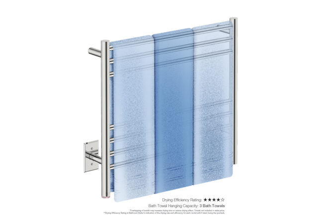 Natural 7 Bar 25inch Heated Towel Rack Straight with PTSelect Switch showing artists impression of three bath towels folded twice on the short side - Bathroom Butler