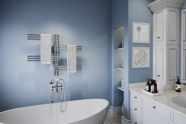 LOFT DUO 12 Bar 39in heated towel rack in blue bathroom