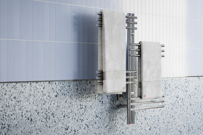 LOFT DUO 12 Bar 39in heated towel rack on blue tiled wall