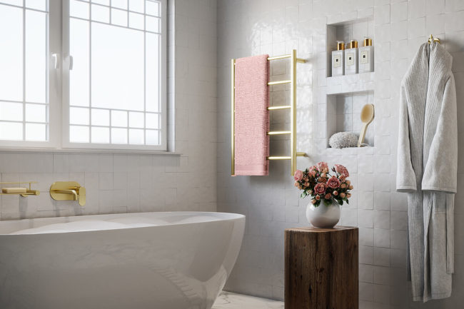 Setting of NATURAL 5 Bar 20in BCGD heated towel rack at end of bath