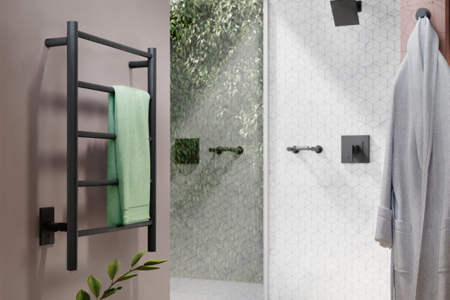 Setting of NATURAL 5 Bar 20in MBLK heated towel rack next to shower