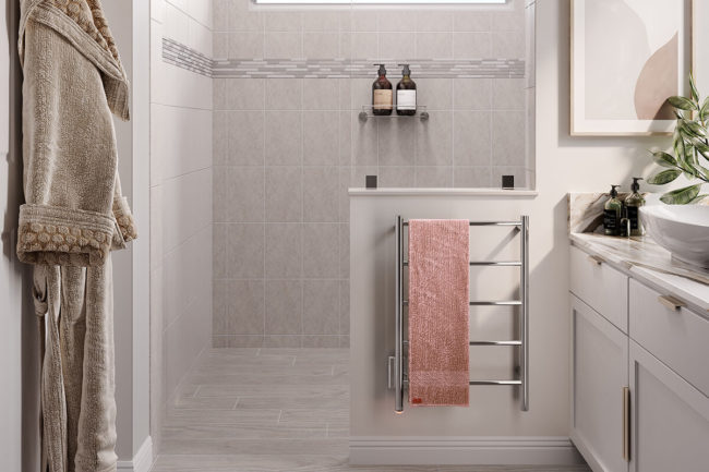Setting of NATURAL 5 Bar 20in POLS heated towel rack next to shower small space