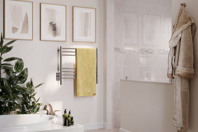 Setting of NATURAL 7 32inch heated towel rack behind bath