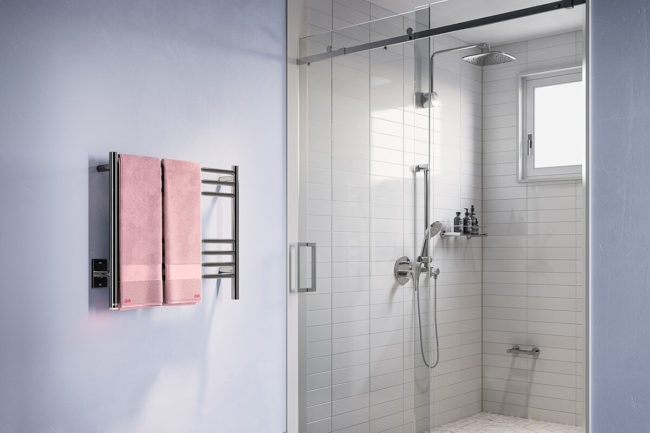 Setting of NATURAL 7 32inch heated towel rack next to shower