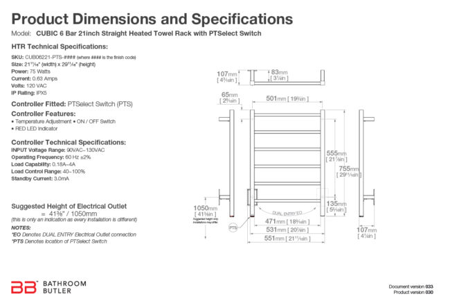Specifications and Dimensions for CUBIC 6 Bar 21in-STR-PTS