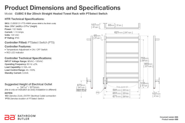 Specifications and Dimensions for CUBIC 8 Bar 25in-STR-PTS
