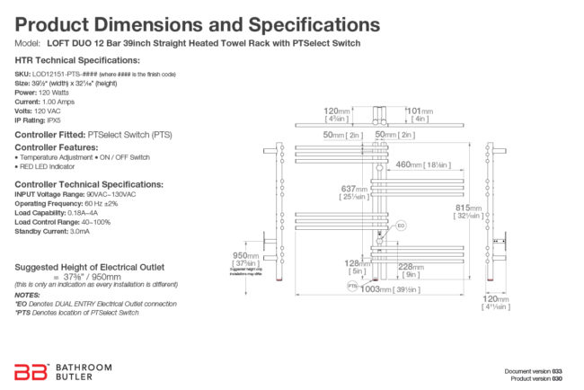 Specifications and Dimensions for LOFT DUO 12 Bar 39in-STR-PTS