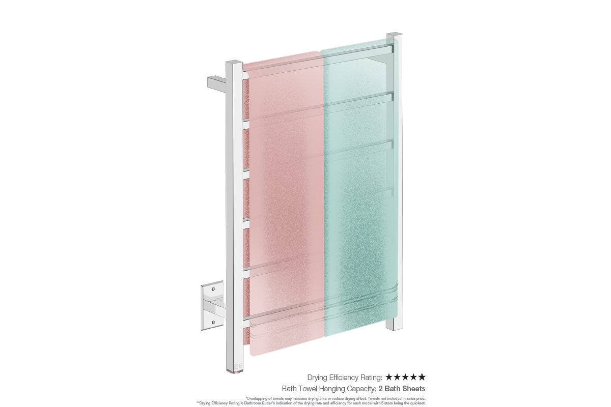 Cubic 6 Bar 21inch Heated Towel Rack with PTSelect Switch showing artists impression of two bath sheets folded twice on the short side - Bathroom Butler