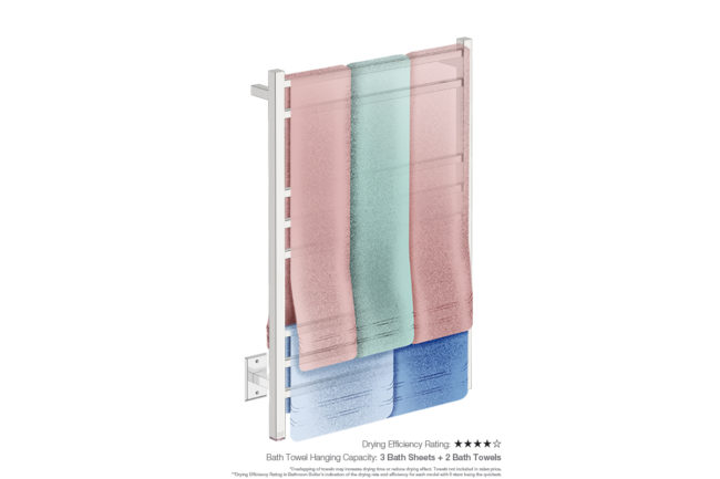 Cubic 8 Bar 25inch Heated Towel Rack with PTSelect Switch showing artists impression of folded bath sheets - Bathroom Butler