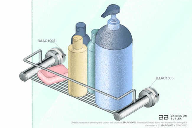 Illustration showing two glass mounting 1005 with 4620 Shower Rack