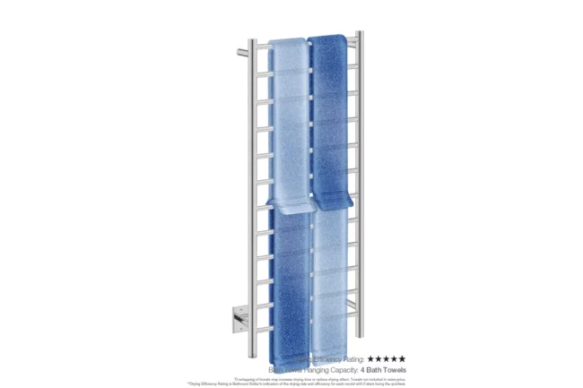 Natural 12 Bar 20inch Heated Towel Rack Straight with PTSelect Switch showing artists impression of four bath towels folded twice on the short side - Bathroom Butler