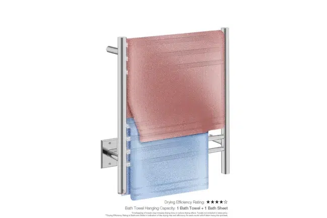 Natural 7 Bar 20inch Heated Towel Rack Straight with PTSelect Switch showing artists impression of one bath towel and one bath sheet folded twice on the long side - Bathroom Butler
