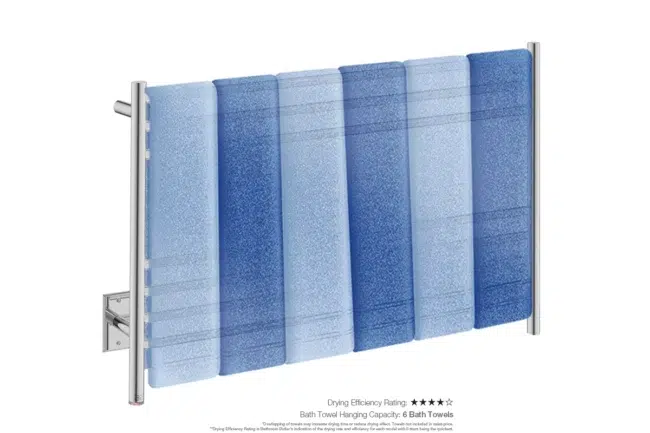 Natural 7 Bar 43inch Heated Towel Rack Straight with PTSelect Switch showing artists impression of six bath towels folded twice on the short side - Bathroom Butler