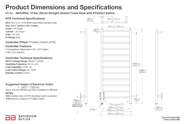 Specifications and Dimensions for NATURAL 12 Bar 20in-STR-PTS - Bathroom Butler