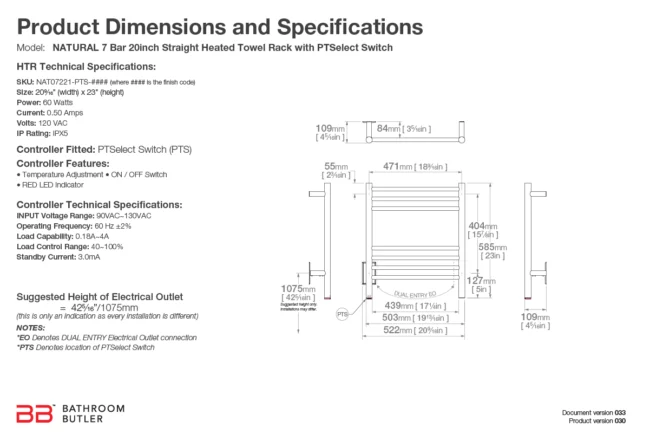 Specifications and Dimensions for NATURAL 7 Bar 20in-STR-PTS