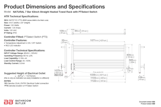 Specifications and Dimensions for NATURAL 7 Bar 43in-STR-PTS