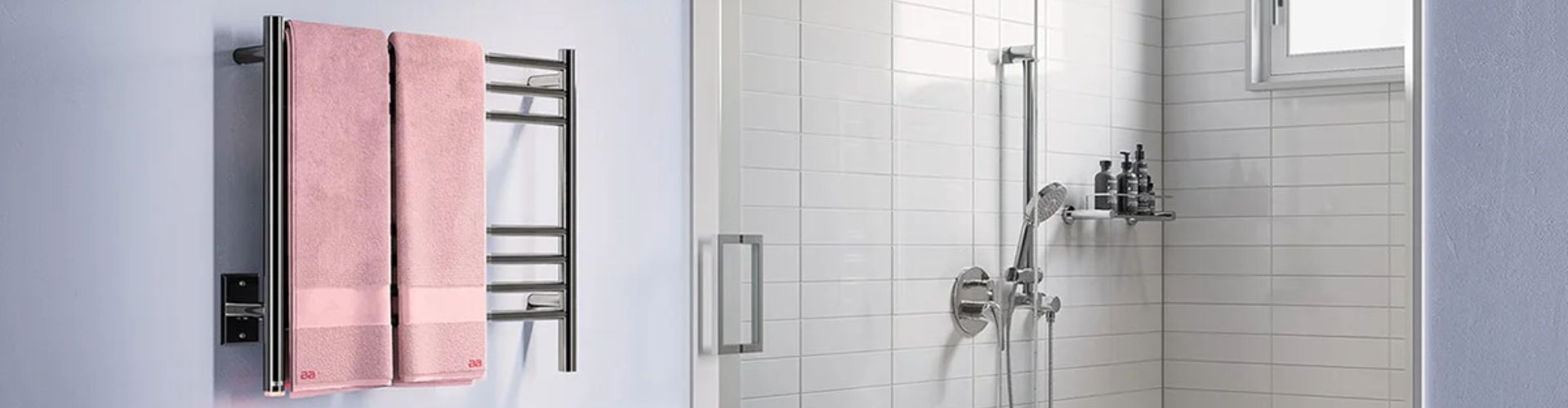 7-bar heated towel rack drying two pink bath towels