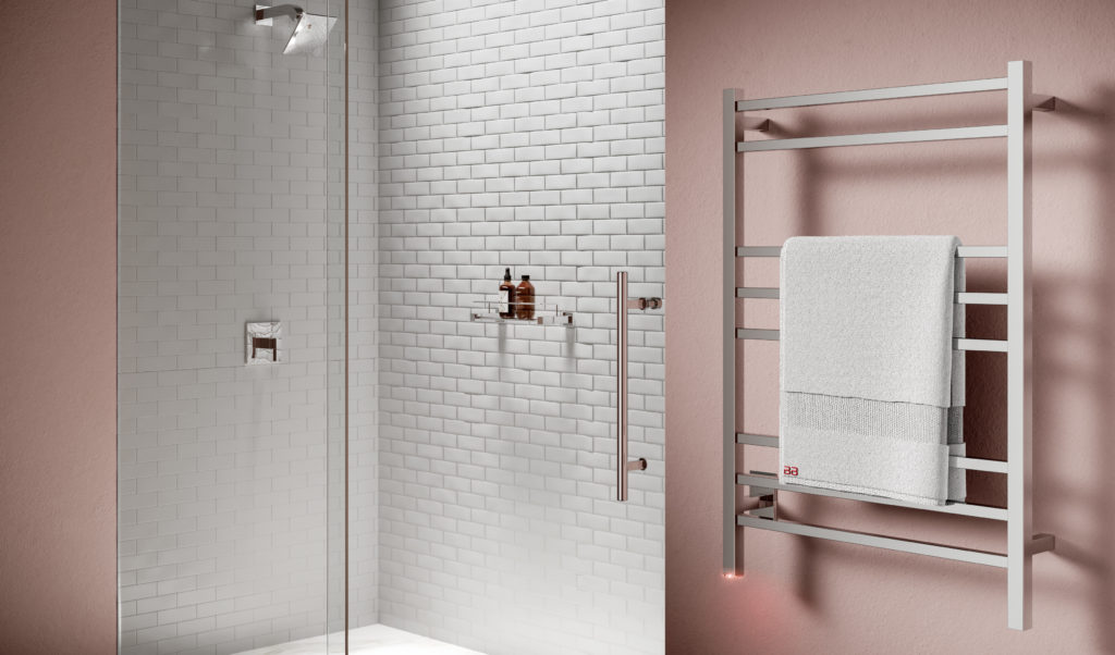 Cubic 8 bar 25 inch straight heated towel rack with white towel.