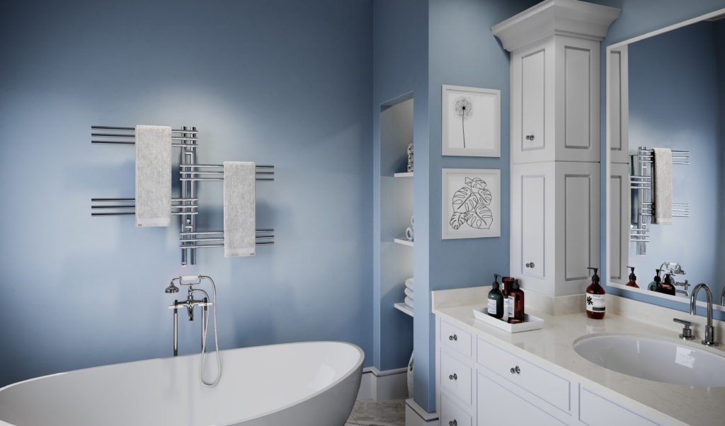 The Loft DUO 12- bar Heated Towel Rack on a blue wall with White towels.