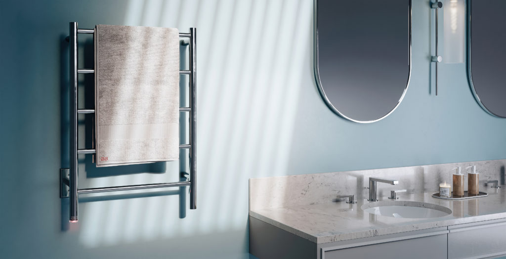 Natural 5 bar heated towel rack on a blue wall with a while towel.