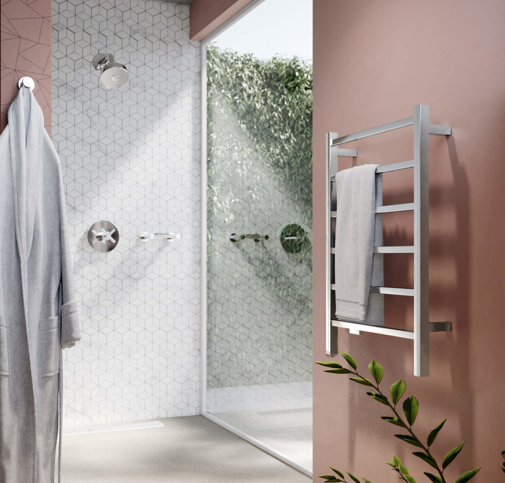 Cubic 6 bar heated towel rail installed near shower