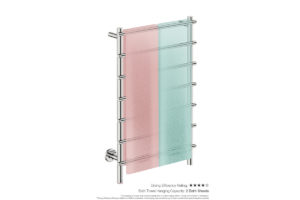 Loft 7 Bar 550mm Heated Towel Rack with PTSelect Switch showing artists impression of two bath towels folded twice on the short side - Bathroom Butler