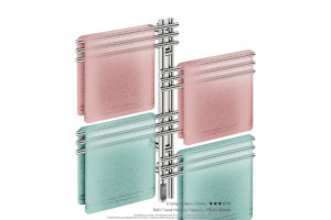 Loft Duo 12 Bar 1000mm Heated Towel Rack with TDC Timer showing artists impression of four bath towels folded twice on the long side - Bathroom Butler