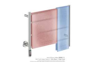 Natural 4 Bar 650mm Heated Towel Rack Straight with TDC Timer showing artists impression of bath towels folded twice on the long and short side - Bathroom Butler