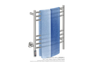 Natural 7 Bar 500mm Heated Towel Rack Curved with TDC Timer showing artists impression of two bath towels folded twice on the short side - Bathroom Butler