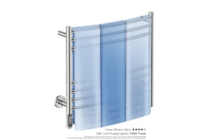 Natural 7 Bar 650mm Heated Towel Rack Curved with TDC Timer showing artists impression of three bath towels folded twice on the short side - Bathroom Butler
