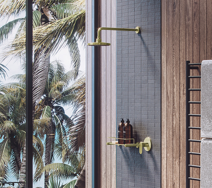 Costal bathroom with shower showing 4620 shower rack and matt black 12 bar heated towel rail